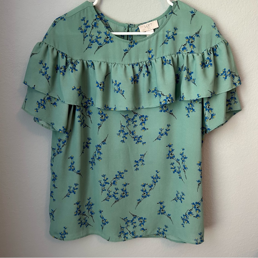 Loft Outlet Large Petite Teal Blue Floral Blouse